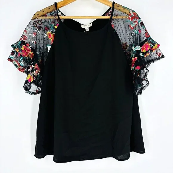 Umgee Black Floral Embroidered Tiered Ruffle Sleeve Boat Neck Top Blouse Size S - Picture 4 of 8